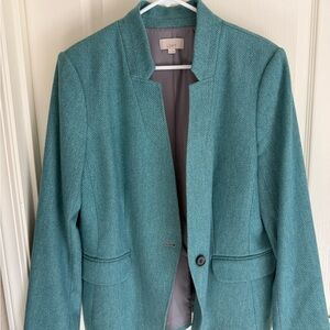 LOFT Teal Herringbone Collarless Blazer
